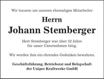 Traueranzeige Johann Stemberger
