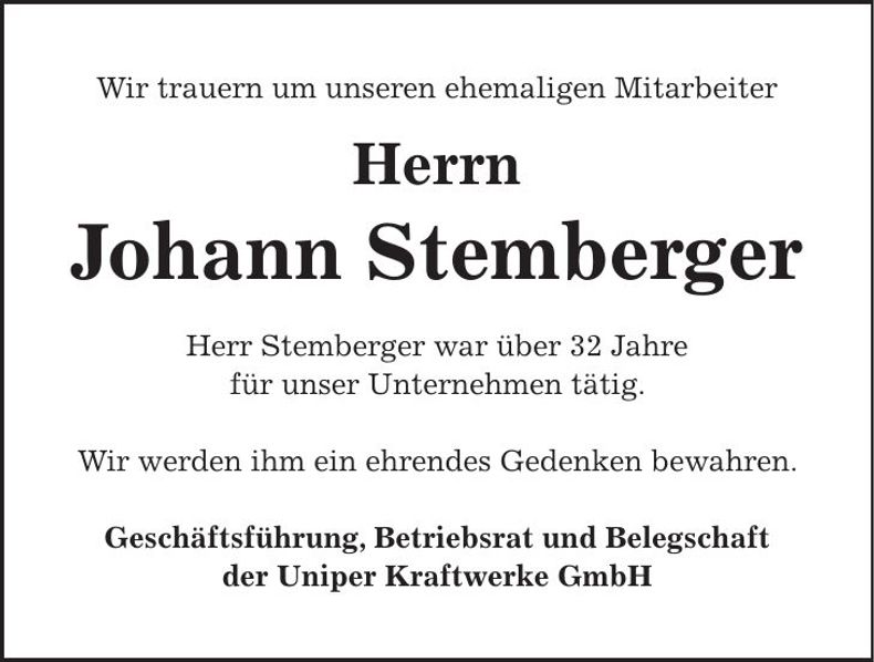 Traueranzeige Johann Stemberger