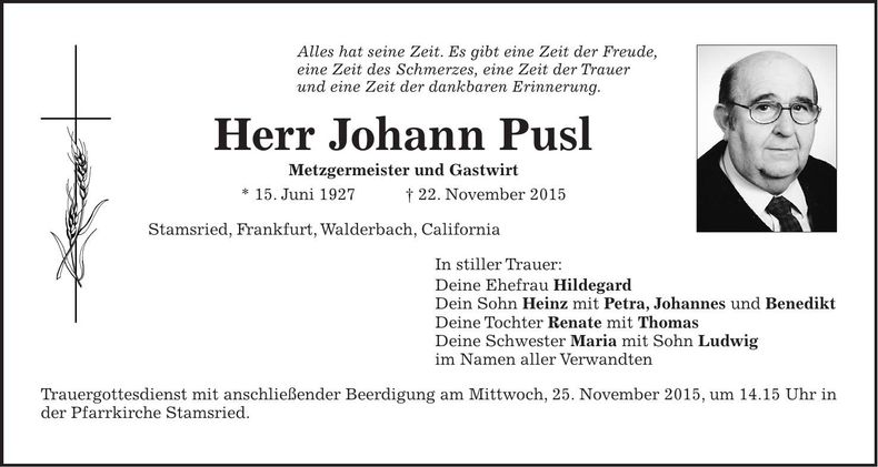 Traueranzeige Johann Pusl
