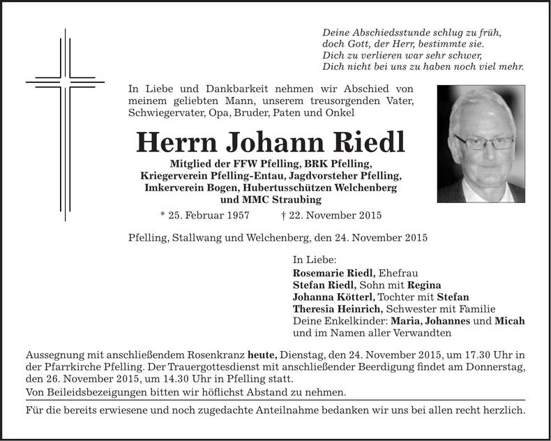 Traueranzeige Johann Riedl
