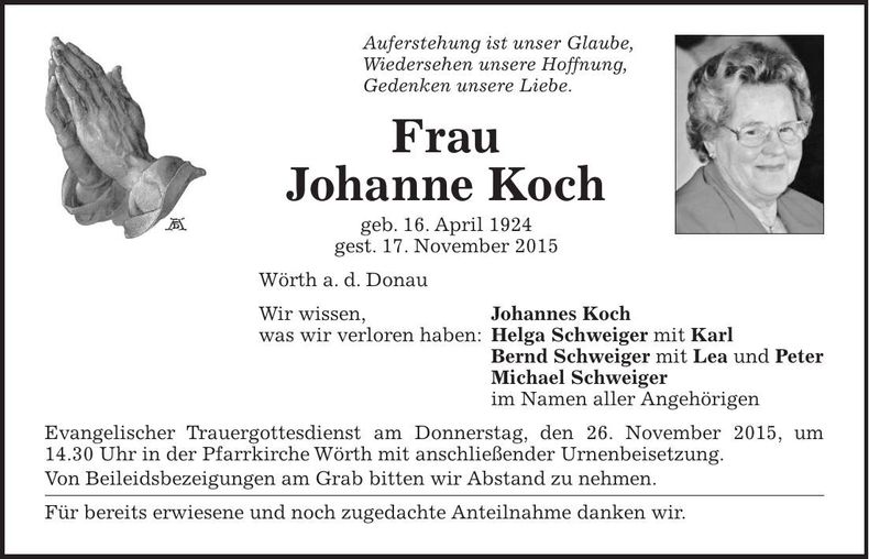 Traueranzeige Johanne Koch