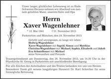 Traueranzeige Xaver Wagenlehner