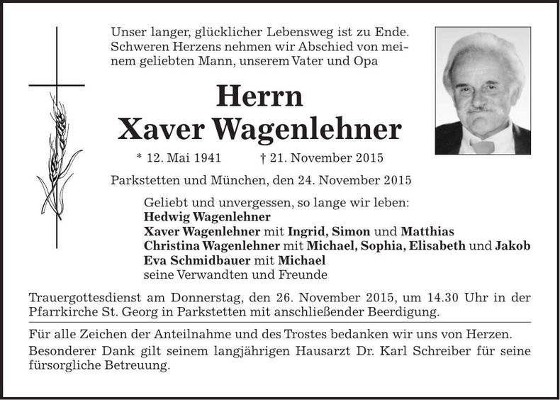 Traueranzeige Xaver Wagenlehner