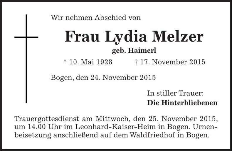 Traueranzeige Lydia Melzer