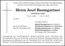 Traueranzeige Josef Baumgartner