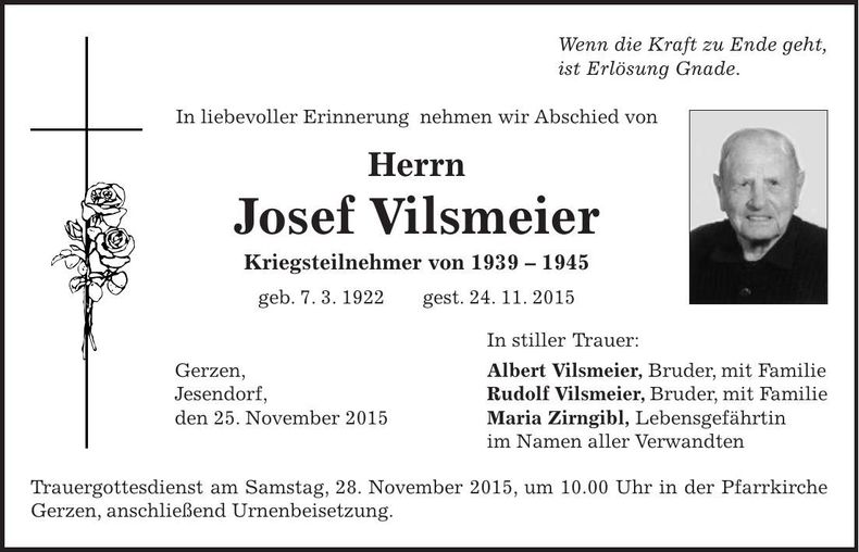 Traueranzeige Josef Vilsmeier