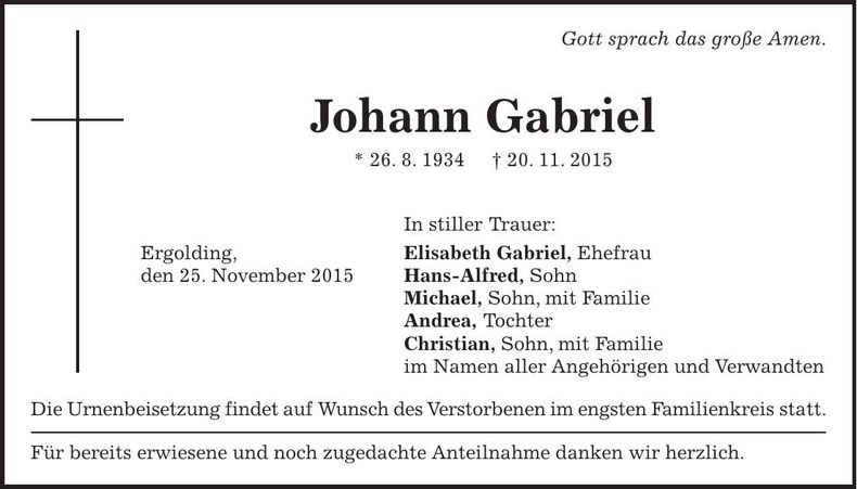 Traueranzeige Johann Gabriel