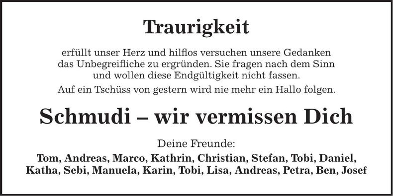 Traueranzeige Sebastian Schmuderer