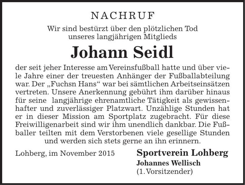 Traueranzeige Johann Seidl