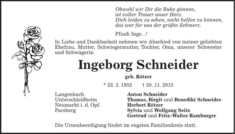 Traueranzeige Ingeborg Schneider