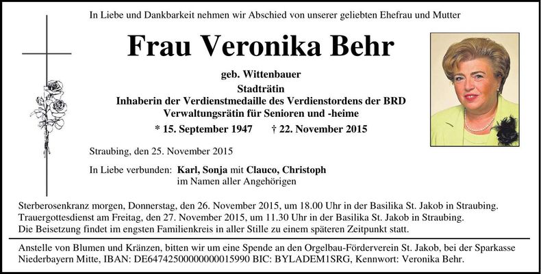 Traueranzeige Veronika Behr