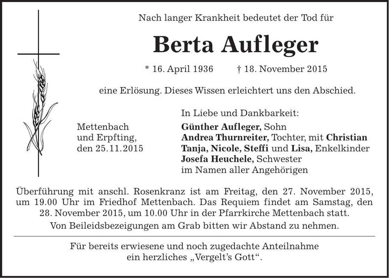 Traueranzeige Berta Aufleger
