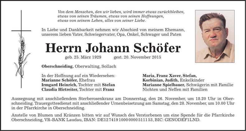 Traueranzeige Johann Schöfer