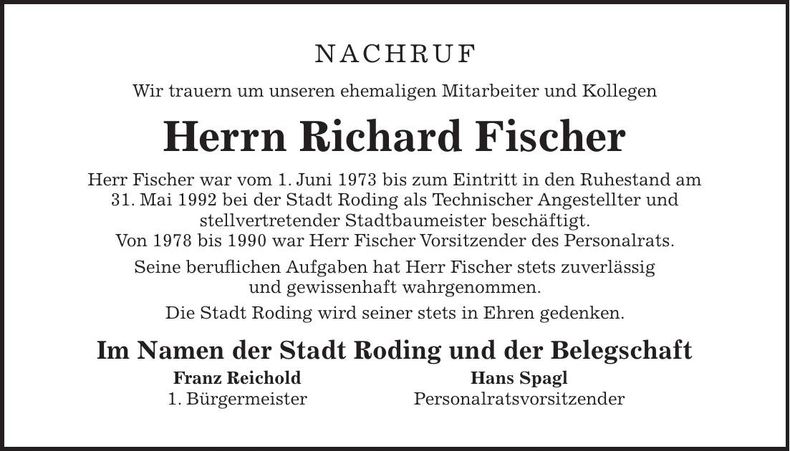 Traueranzeige Richard Fischer