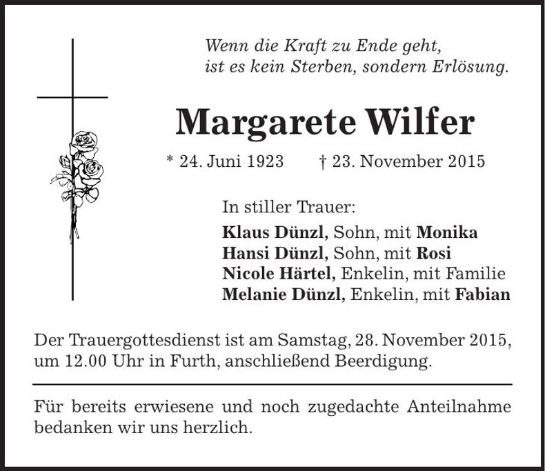 Traueranzeige Margarete Wilfer