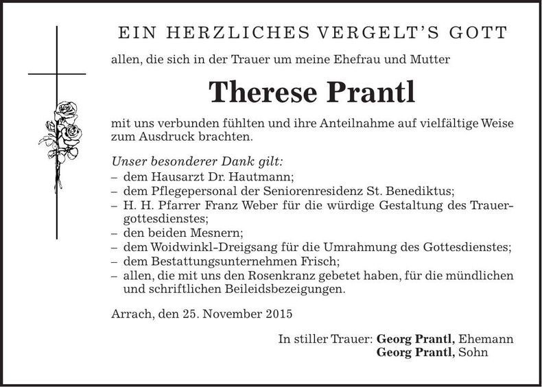 Traueranzeige Therese Prantl