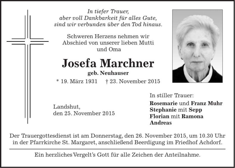 Traueranzeige Josefa Marchner