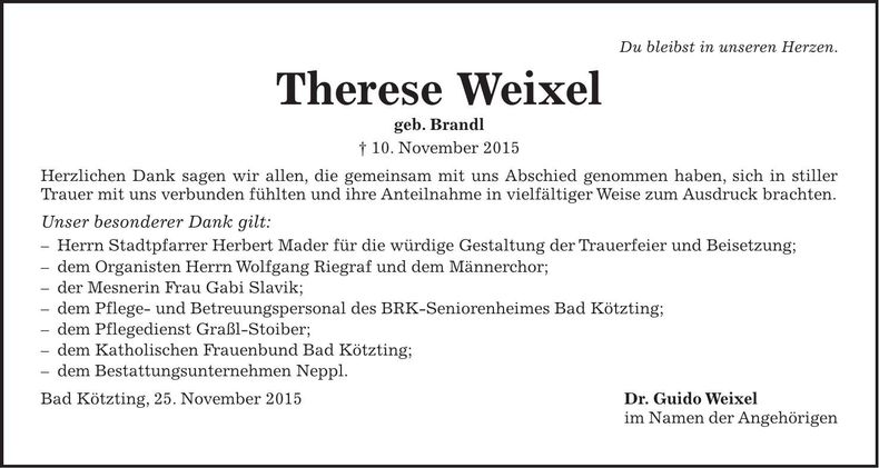 Traueranzeige Therese Weixel