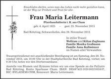 Traueranzeige Maria Leitermann