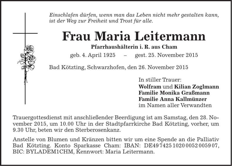 Traueranzeige Maria Leitermann