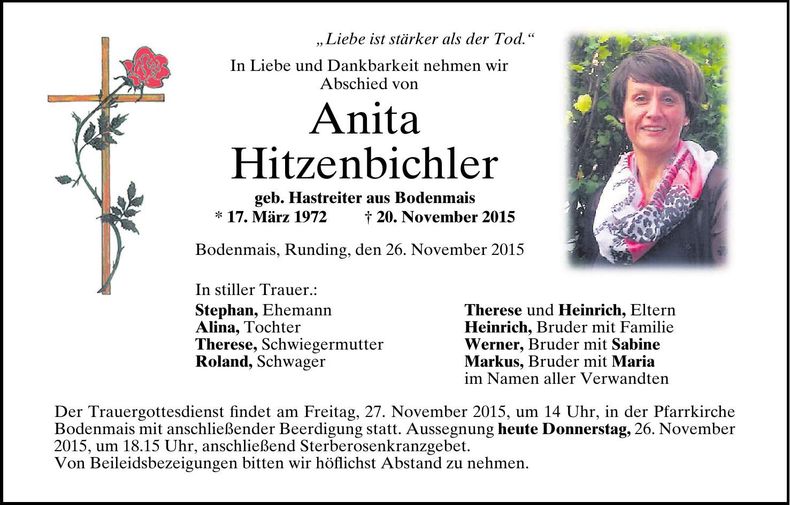 Traueranzeige Anita Hitzenbichler
