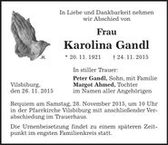 Traueranzeige Karolina Gandl
