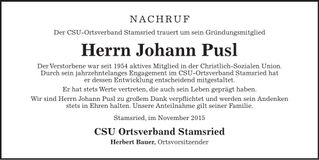 Traueranzeige Johann Pusl