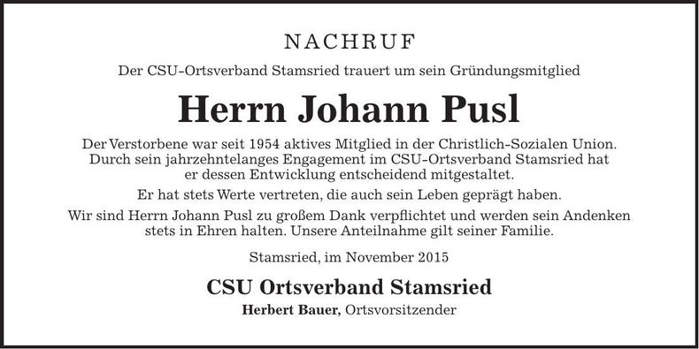 Traueranzeige Johann Pusl