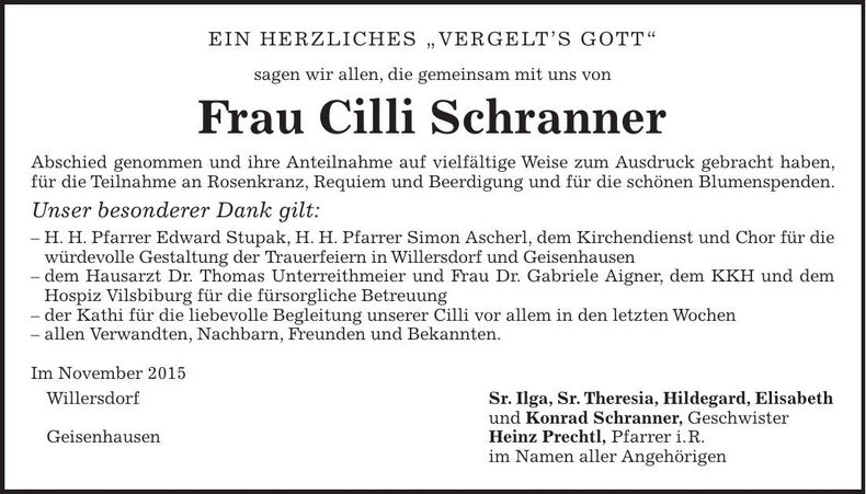 Traueranzeige Cilli Schranner