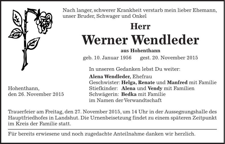 Traueranzeige Werner Wendleder