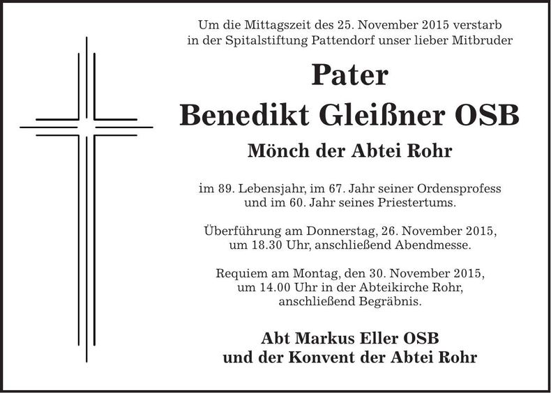 Traueranzeige Benedikt Gleißner
