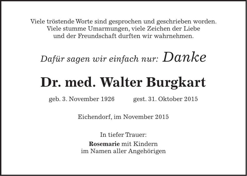 Traueranzeige Dr. med. Walter Burgkart