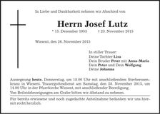 Traueranzeige Josef Lutz