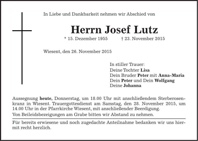 Traueranzeige Josef Lutz