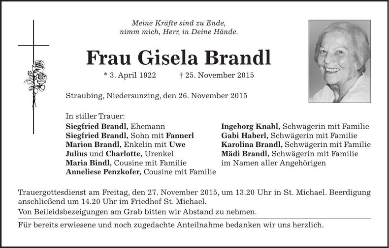 Traueranzeige Gisela Brandl