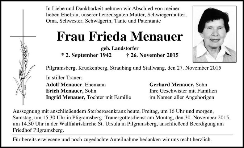Traueranzeige Frieda Menauer