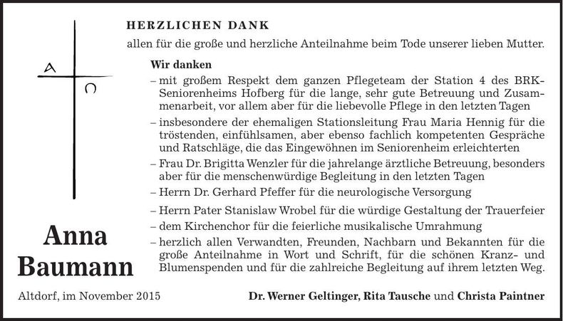 Traueranzeige Anna Baumann