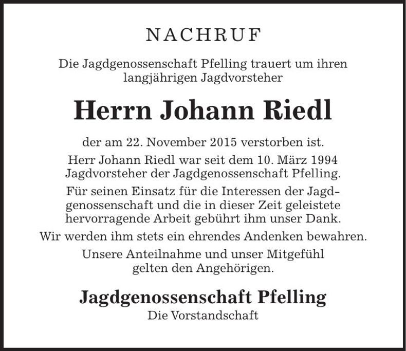 Traueranzeige Johann Riedl
