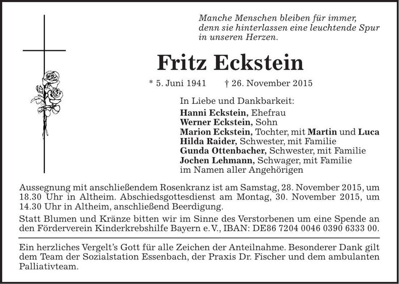 Traueranzeige Fritz Eckstein