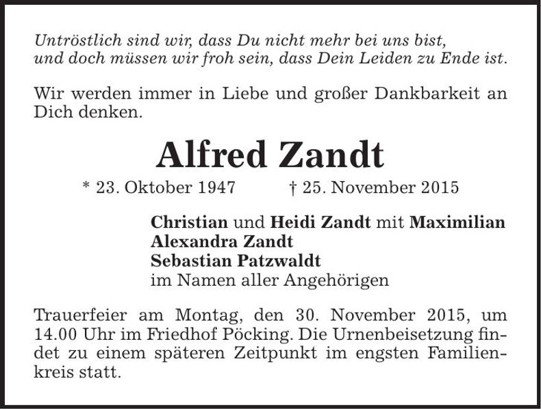 Traueranzeige Alfred Zandt