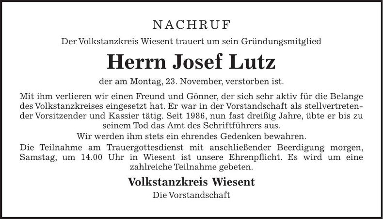 Traueranzeige Josef Lutz