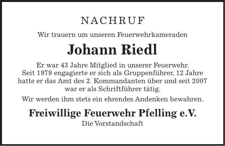 Traueranzeige Johann Riedl