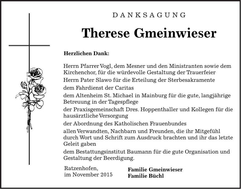 Traueranzeige Therese Gmeinwieser