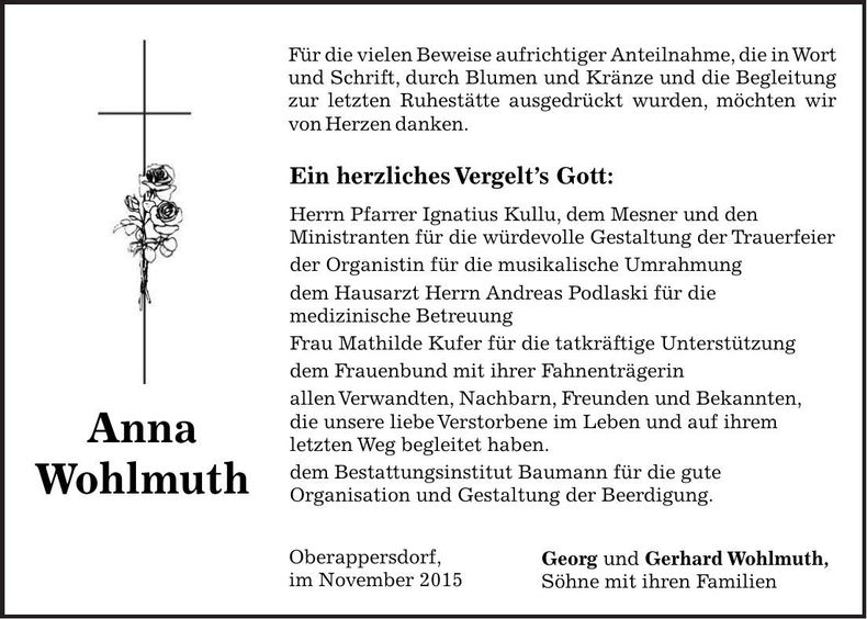 Traueranzeige Anna Wohlmuth