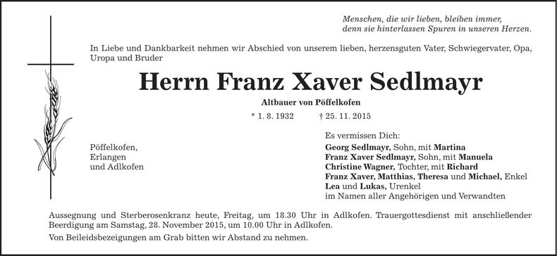 Traueranzeige Franz Xaver Sedlmayr