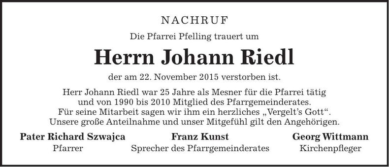 Traueranzeige Johann Riedl