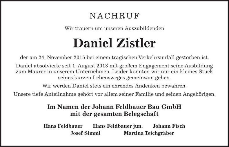 Traueranzeige Daniel Zistler