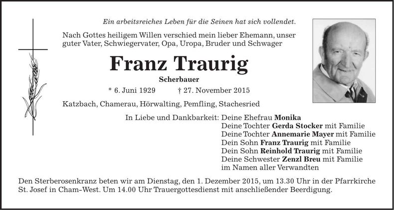 Traueranzeige Franz Traurig