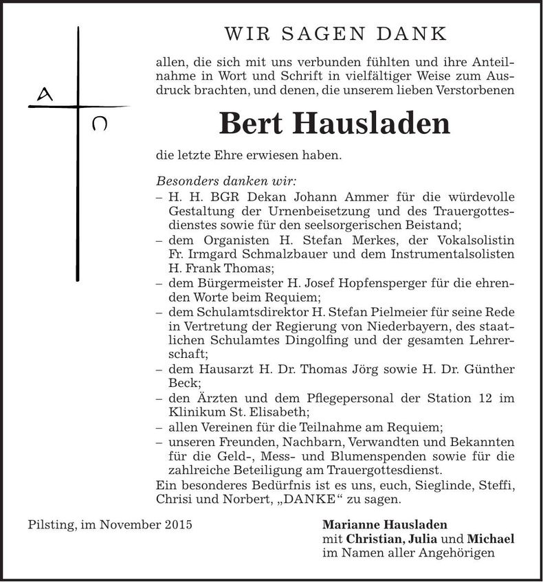 Traueranzeige Bert Hausladen