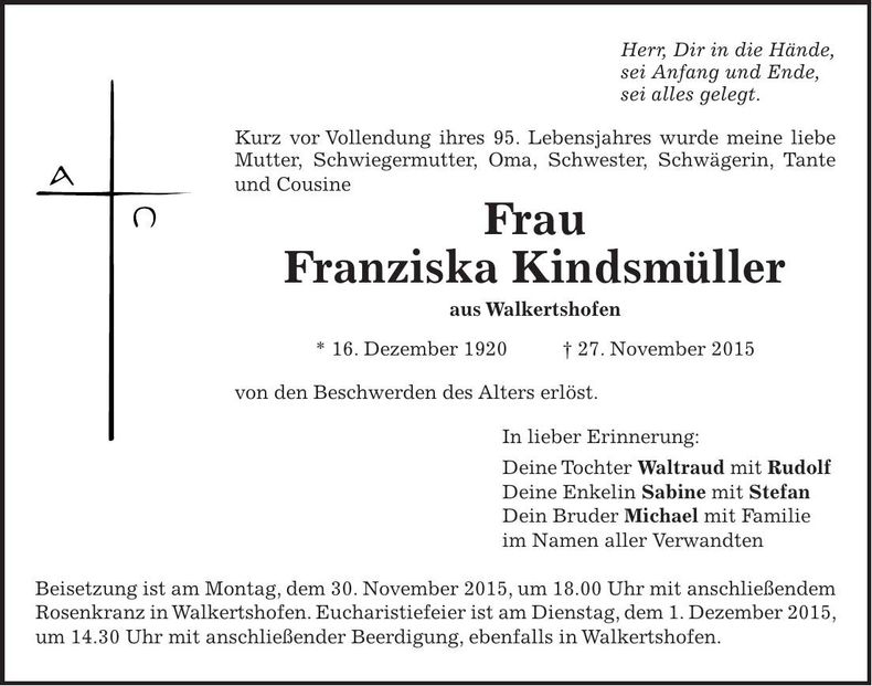 Traueranzeige Franziska Kindsmüller